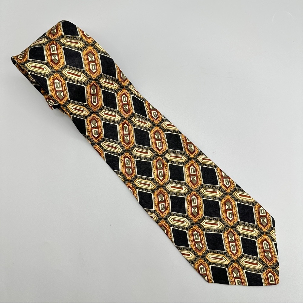 Croft & Barrow Silk Tie – Black Gold Geometric Diamond Pattern Necktie USA Made